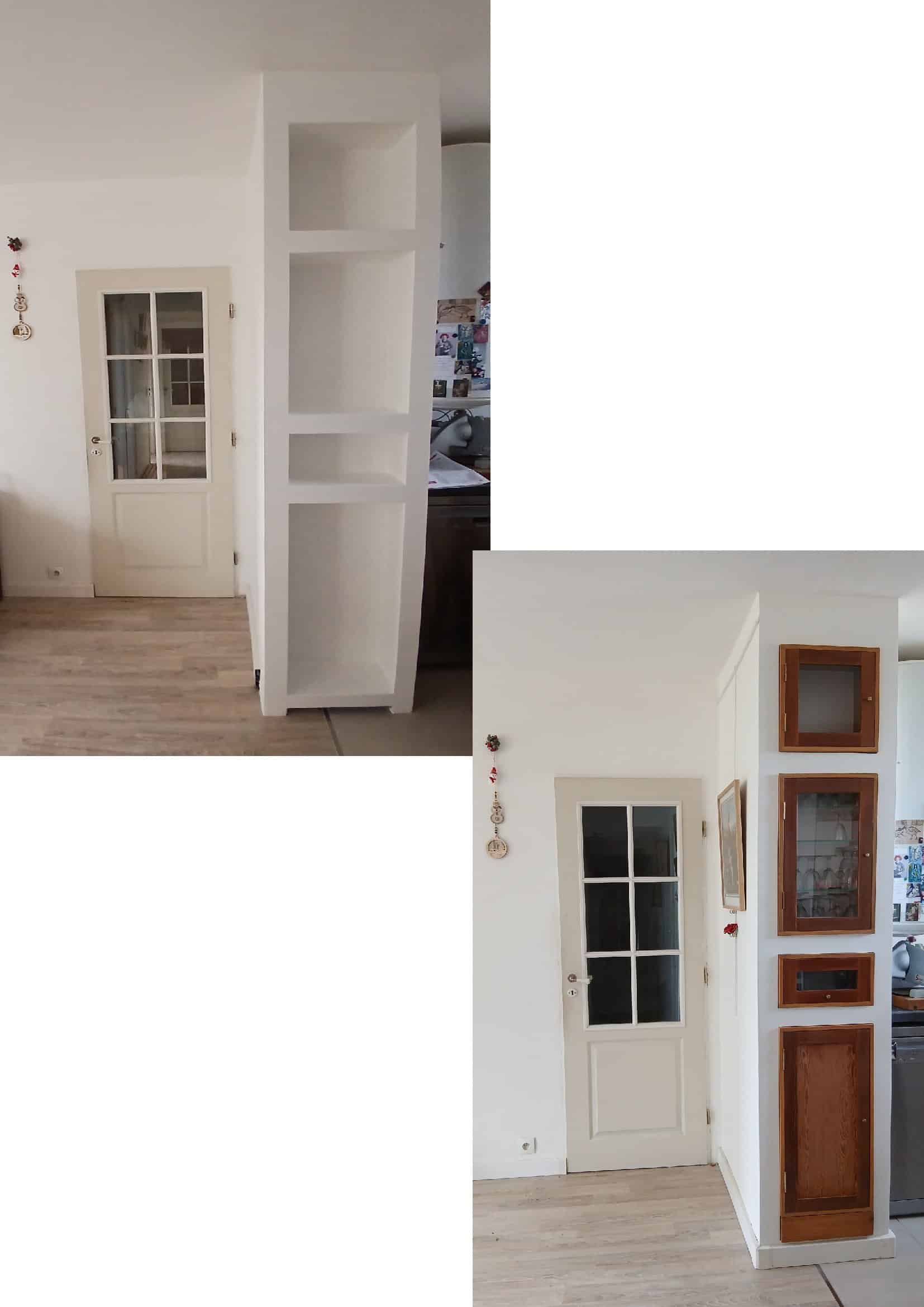 Colonne à niches habillée d'éléments en bois amovibles, avant et après