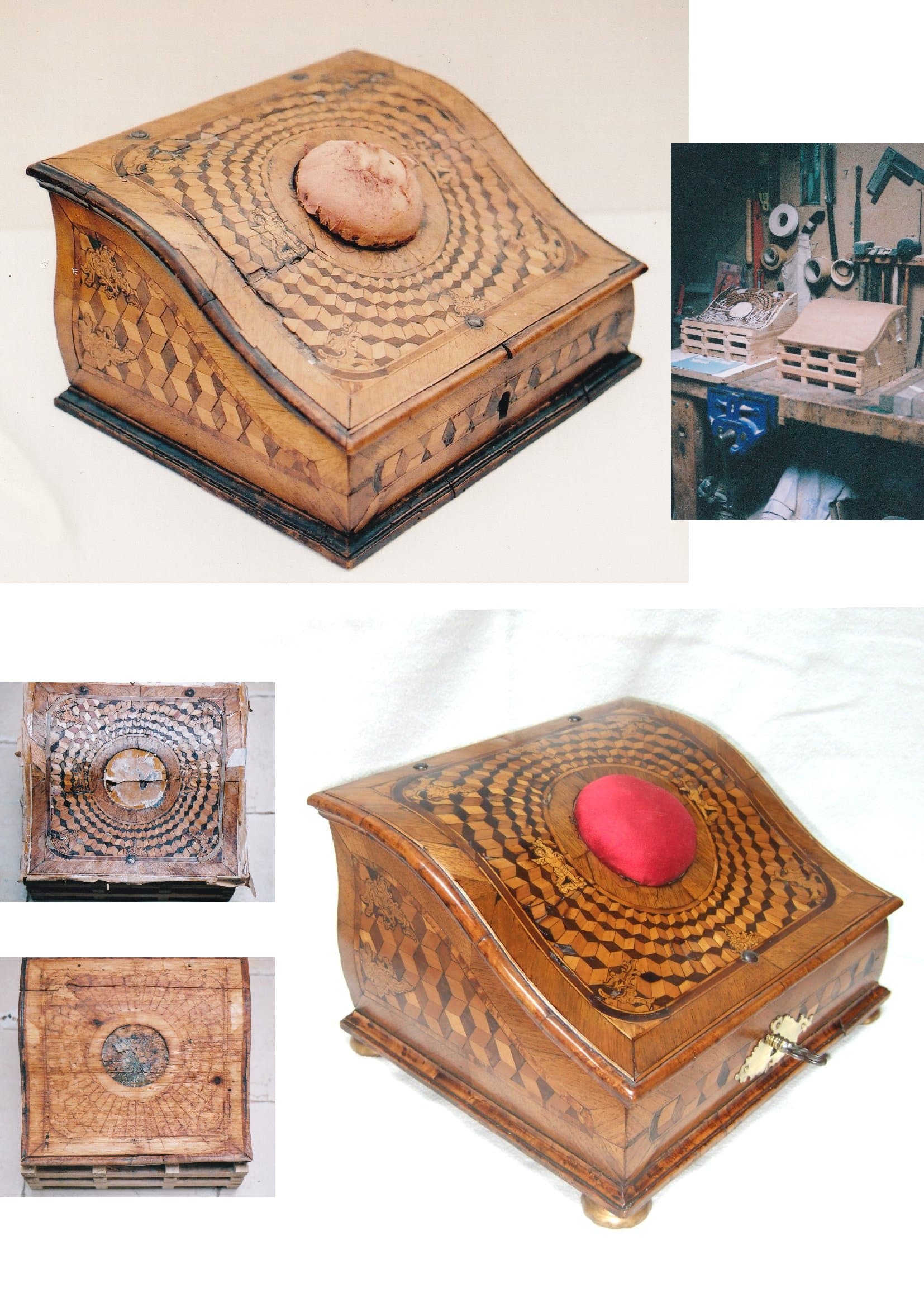 Boîte de couture marquetée restaurée, avant et après