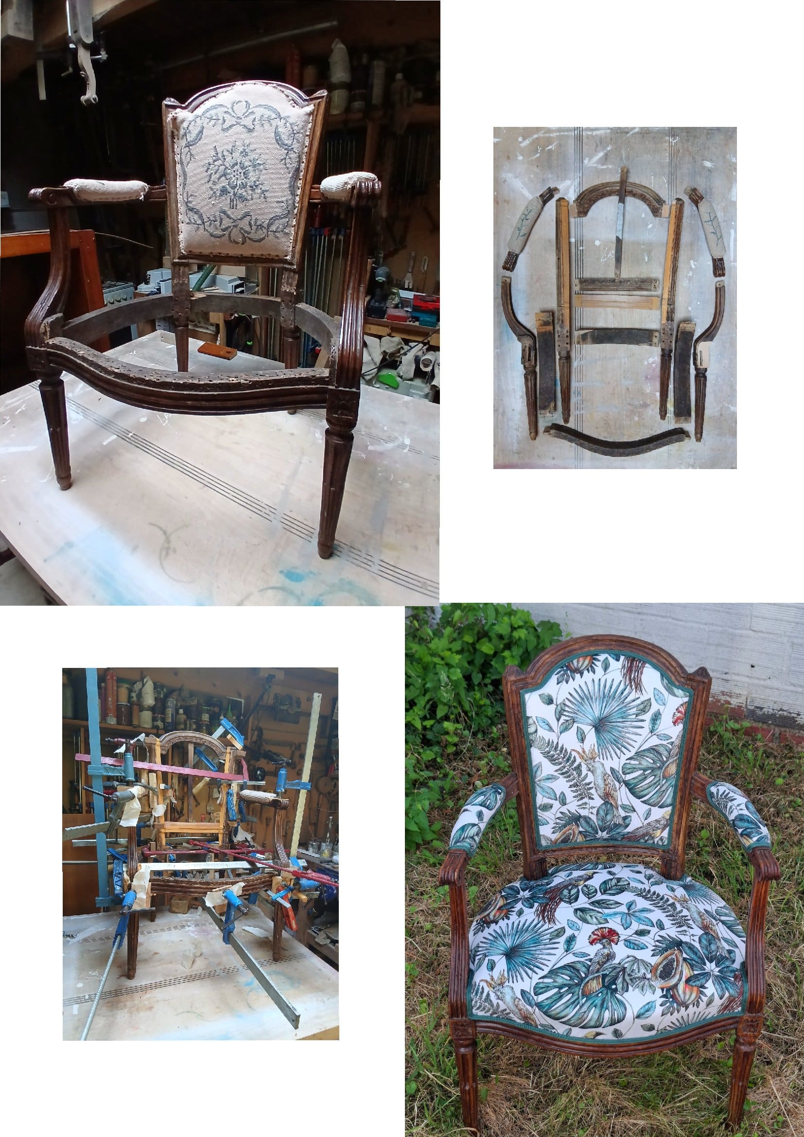 Fauteuil Louis XVI restauré et retapissé d'un tissu tropical